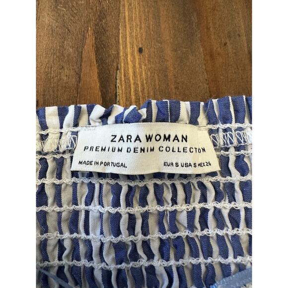 Zara Off the Shoulder Blue White Stripe Smocked Top Bell Sleeve Size Small - Picture 5 of 6